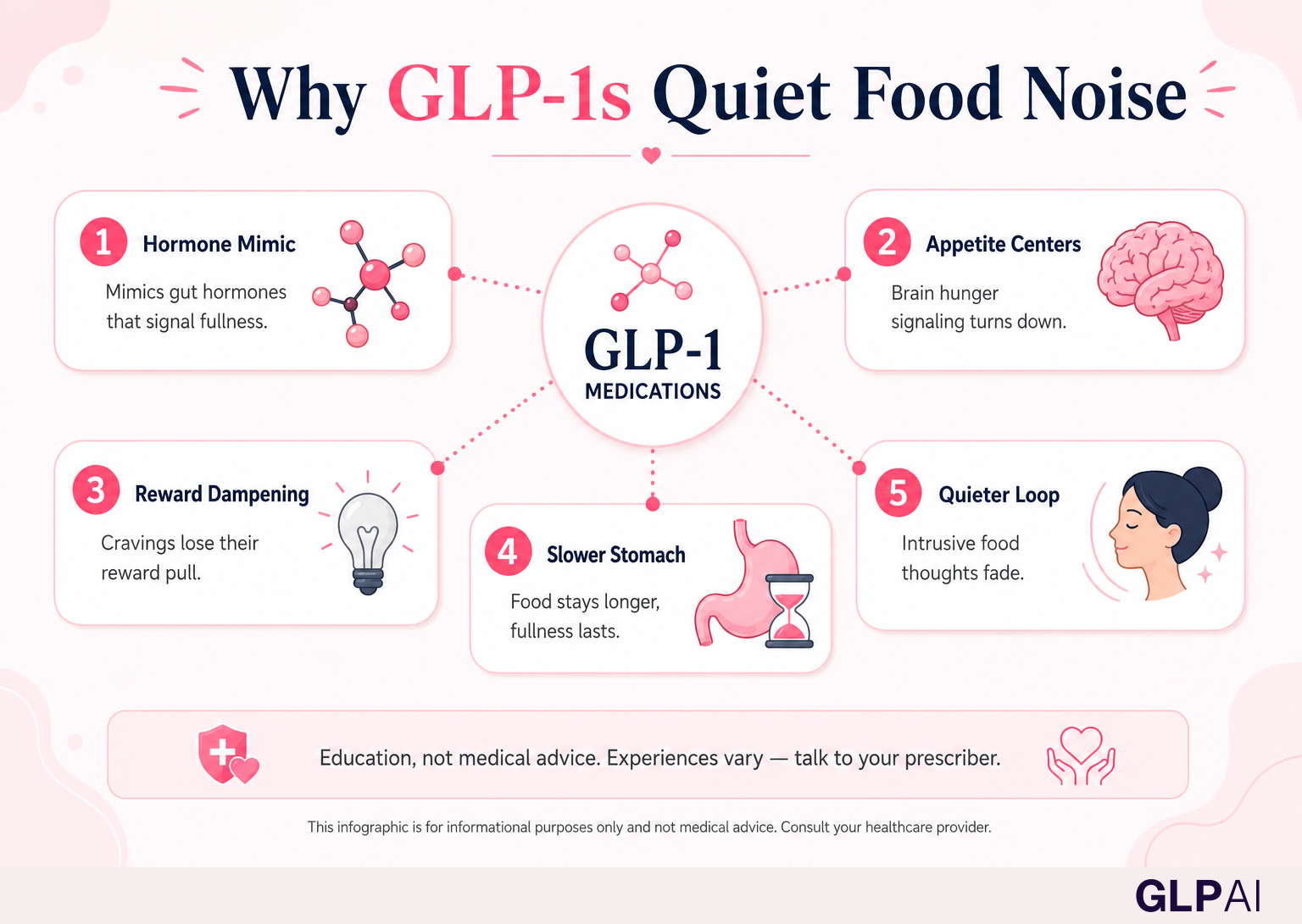 Why GLP-1s quiet food noise — five mechanisms from hormone signaling to a quieter thought loop