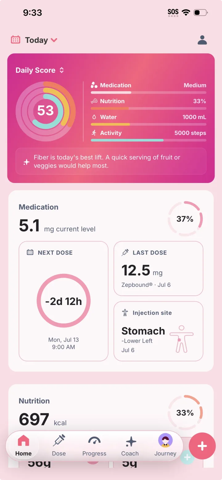 GLP AI home screen with daily score and medication dashboard