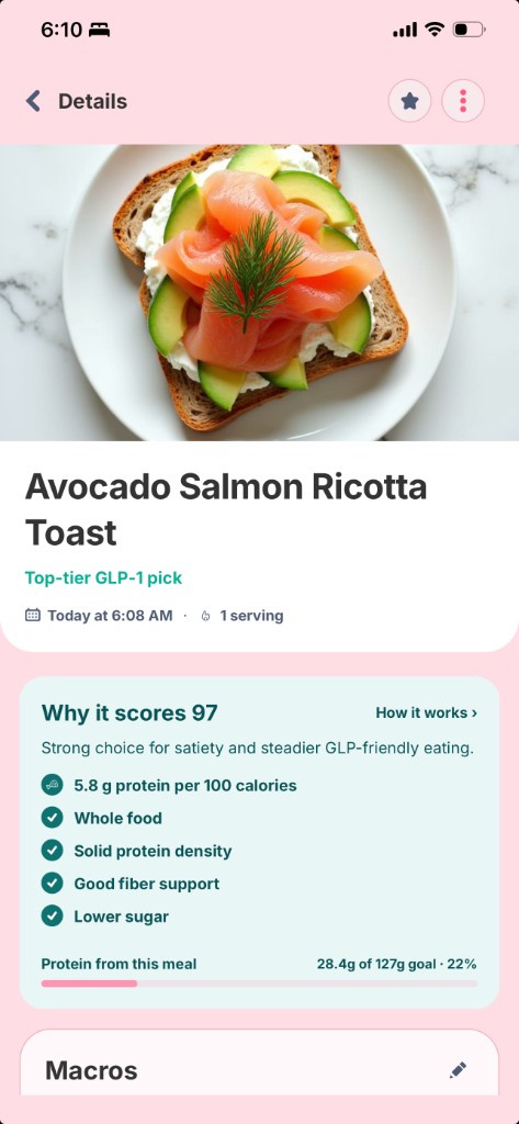 GLP AI meal entry with Meal Score feedback and protein progress